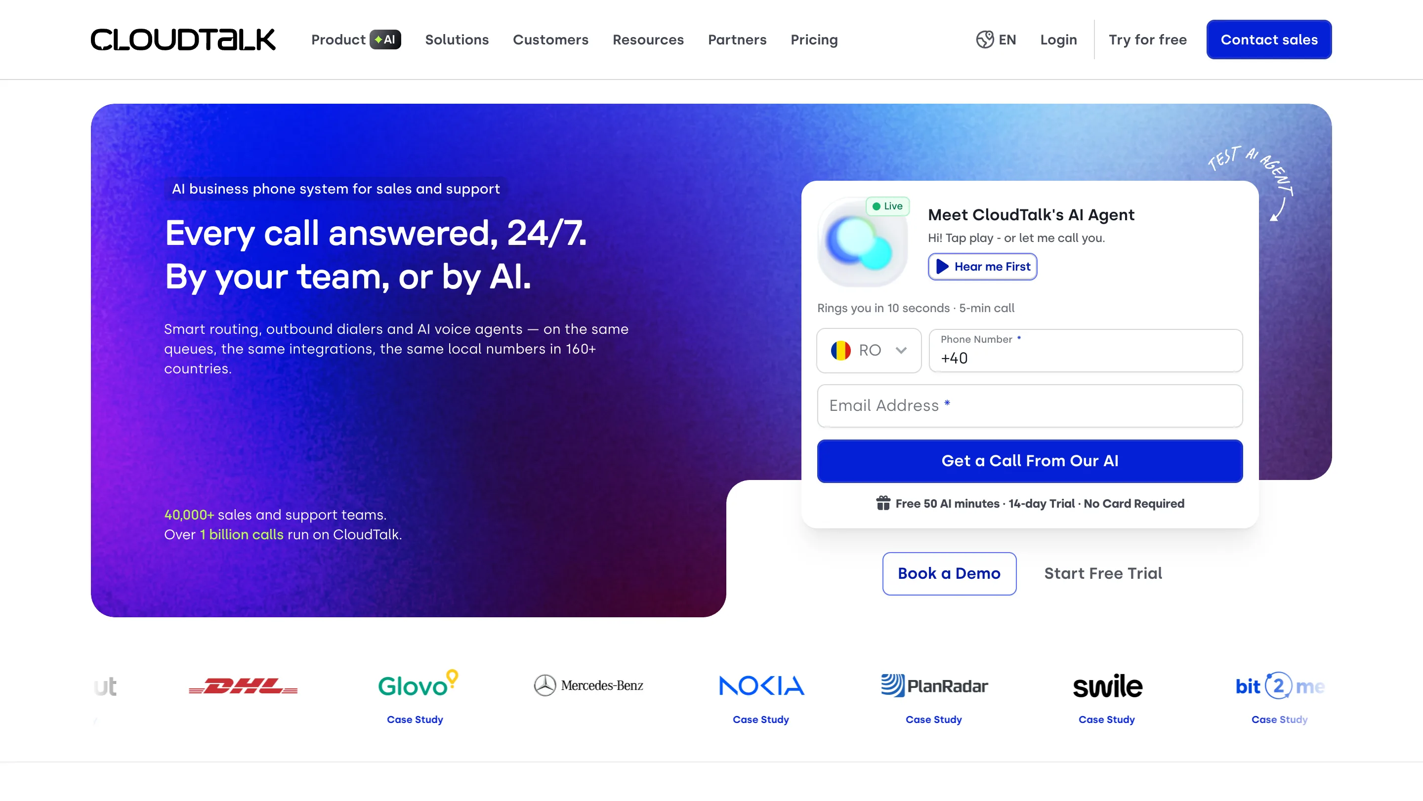 CloudTalk homepage with the headline 'Every call answered, 24/7. By your team, or by AI.', an AI business phone system for sales and support