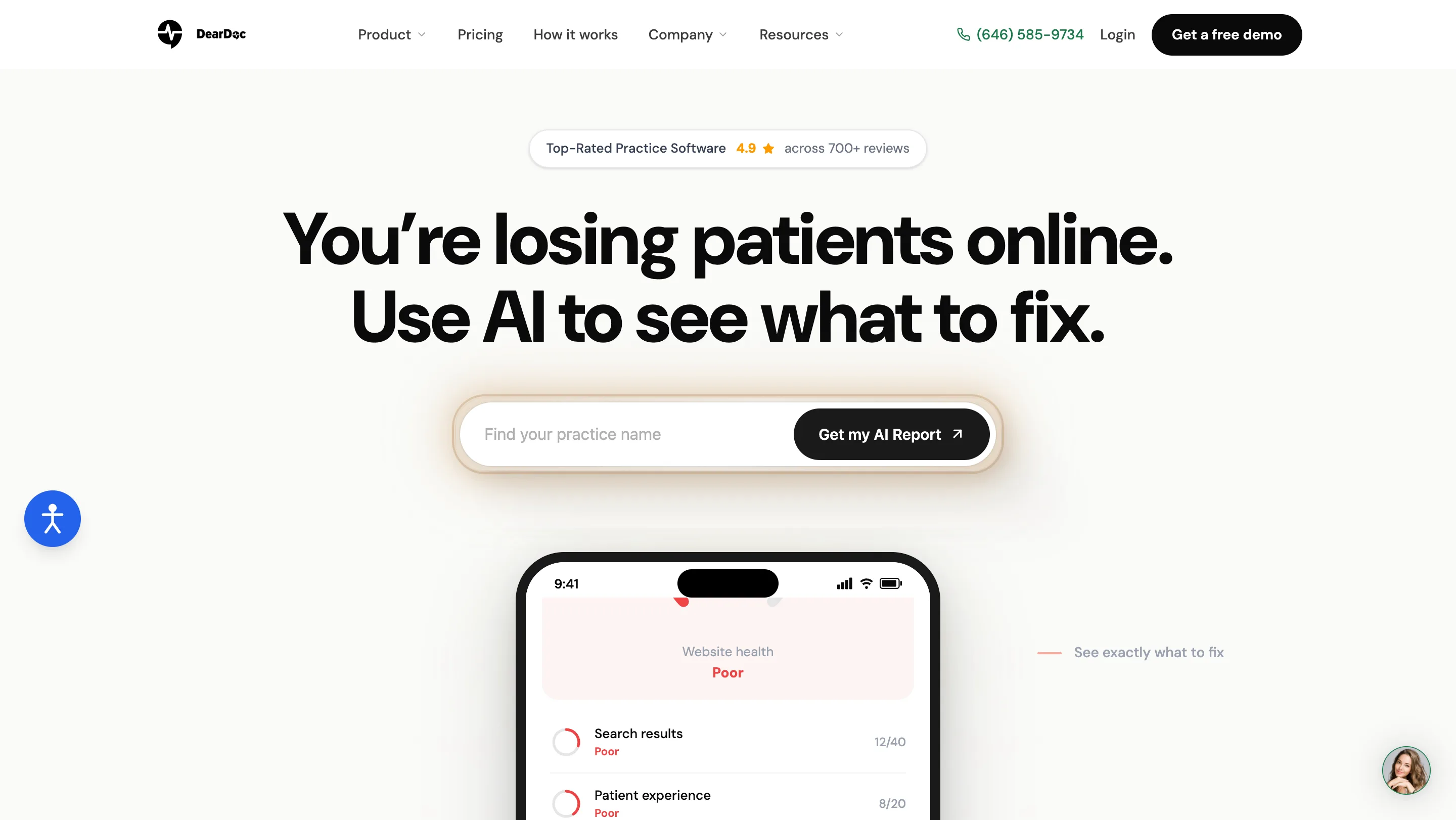DearDoc homepage with the headline 'You're losing patients online. Use AI to see what to fix.' and a practice website-health report, positioning it as a dental marketing and growth platform