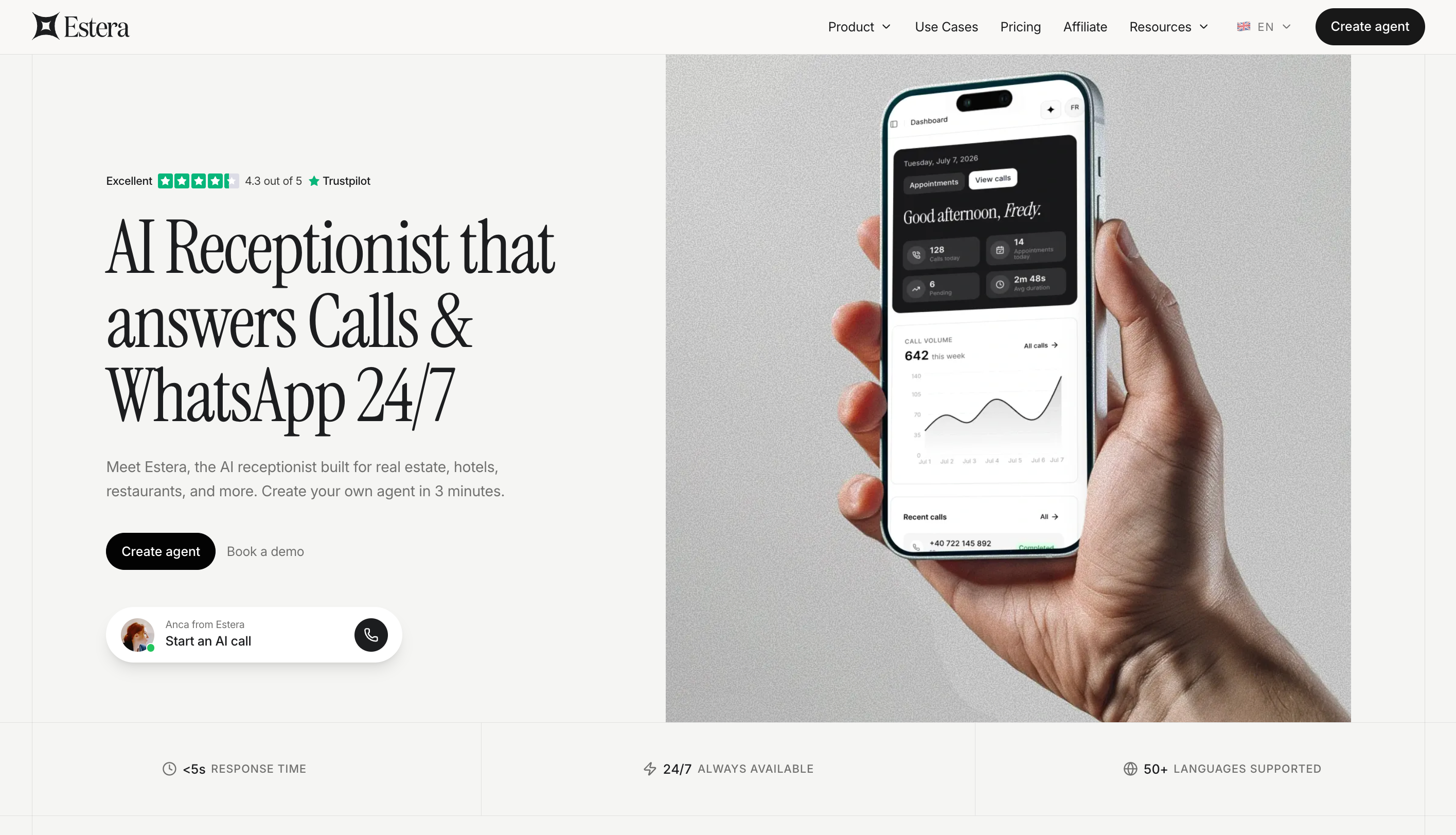 Estera AI landing page showing the homepage headline 'AI Receptionist that answers Calls & WhatsApp 24/7' with a phone mockup of the call and appointment dashboard, Trustpilot rating, and stats for response time, availability, and supported languages