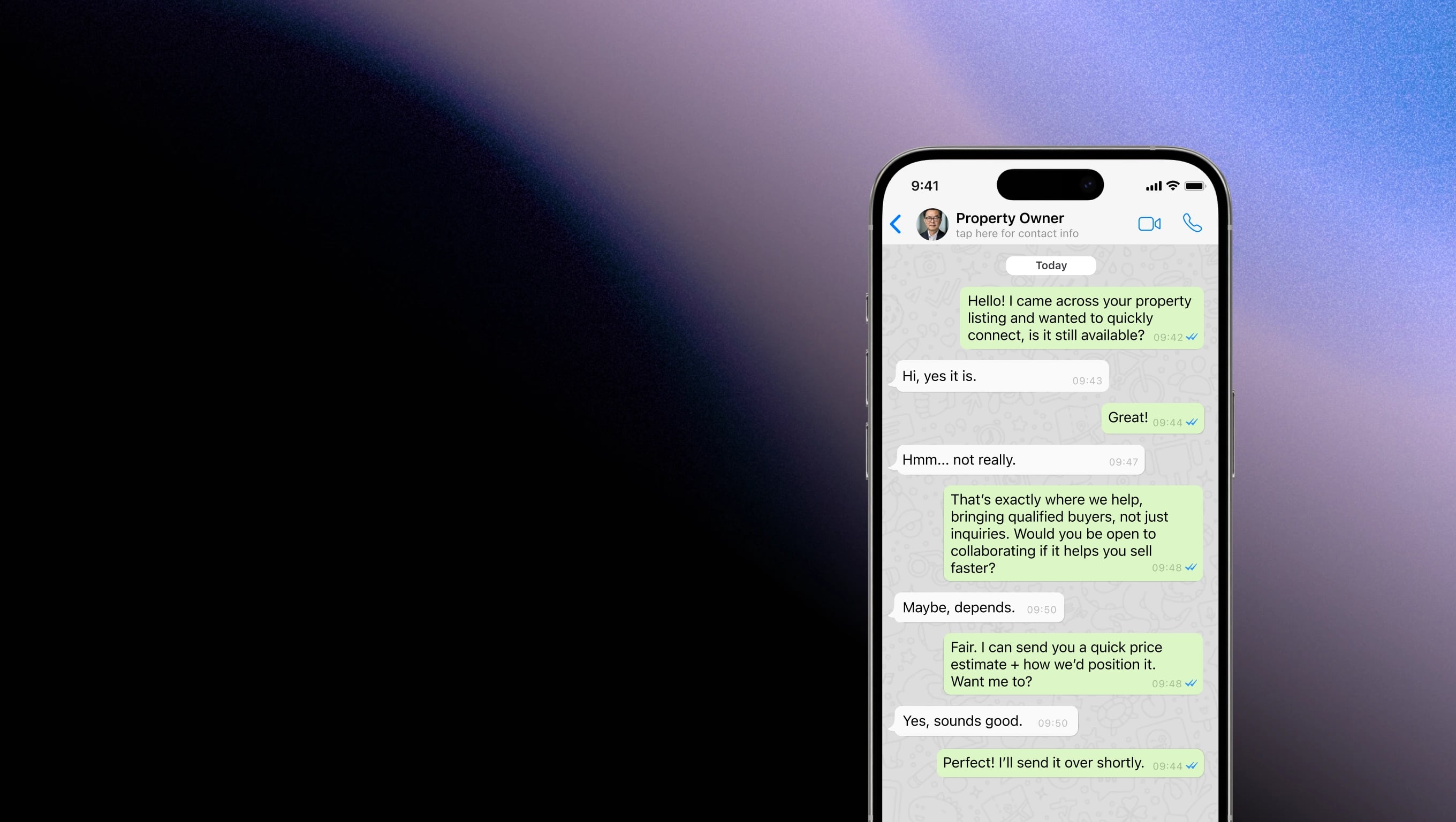 Estera Messages hero - real estate agent identifying a property owner to contact via WhatsApp